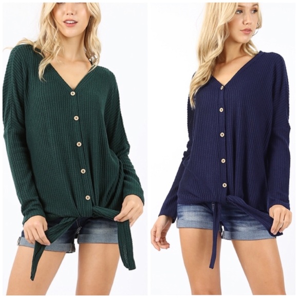 Tops - Waffle Knit Knot Front Sweater -Hunter Green 23003